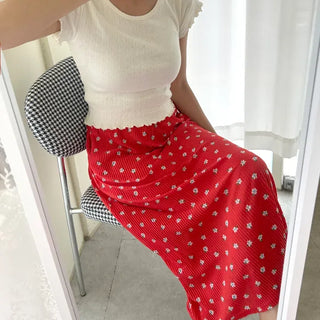 Flower pleated skirt women's elastic long skirt