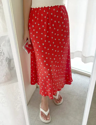 Flower pleated skirt women's elastic long skirt