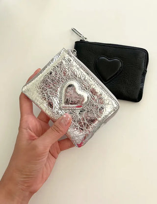 Cowhide Heart Keyring Card Wallet Silver Mini Pouch