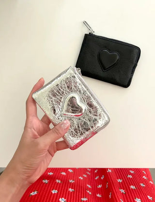 Cowhide Heart Keyring Card Wallet Silver Mini Pouch