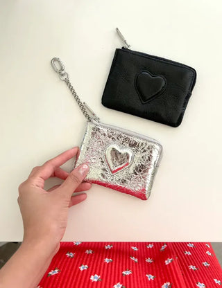 Cowhide Heart Keyring Card Wallet Silver Mini Pouch