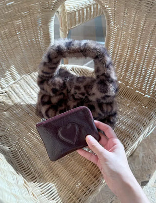 Cowhide Heart Keyring Card Wallet Silver Mini Pouch