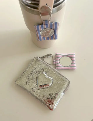 Cowhide Heart Keyring Card Wallet Silver Mini Pouch