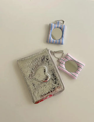 Cowhide Heart Keyring Card Wallet Silver Mini Pouch