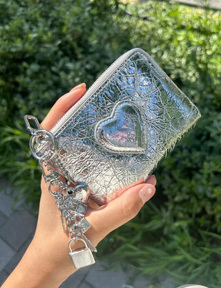 Cowhide Heart Keyring Card Wallet Silver Mini Pouch