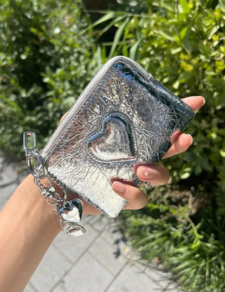 Cowhide Heart Keyring Card Wallet Silver Mini Pouch