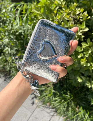 Cowhide Heart Keyring Card Wallet Silver Mini Pouch