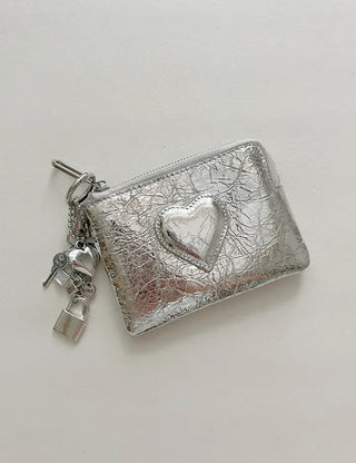 Cowhide Heart Keyring Card Wallet Silver Mini Pouch
