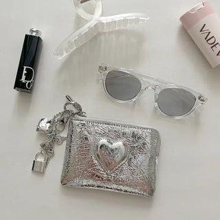 Cowhide Heart Keyring Card Wallet Silver Mini Pouch