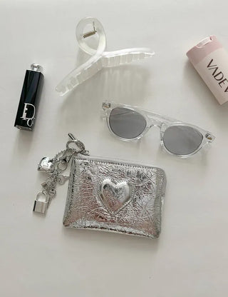 Cowhide Heart Keyring Card Wallet Silver Mini Pouch