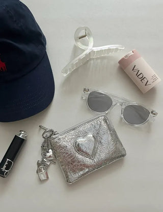 Cowhide Heart Keyring Card Wallet Silver Mini Pouch