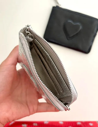 Cowhide Heart Keyring Card Wallet Silver Mini Pouch