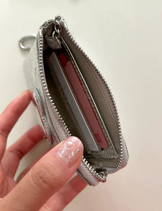 Cowhide Heart Keyring Card Wallet Silver Mini Pouch