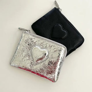 Cowhide Heart Keyring Card Wallet Silver Mini Pouch