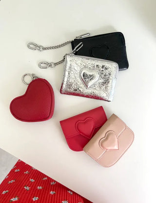 Cowhide Heart Keyring Card Wallet Silver Mini Pouch