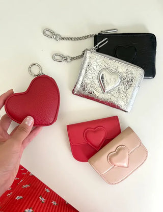 Cowhide Heart Keyring Card Wallet Silver Mini Pouch