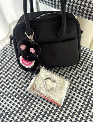 Cowhide Heart Keyring Card Wallet Silver Mini Pouch