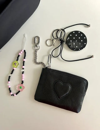 Cowhide Heart Keyring Card Wallet Silver Mini Pouch