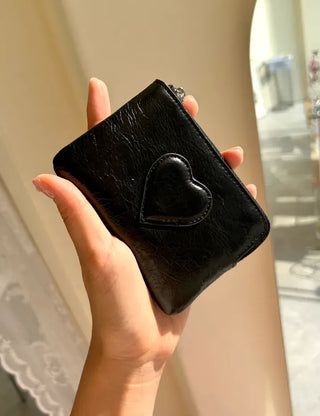 Cowhide Heart Keyring Card Wallet Silver Mini Pouch