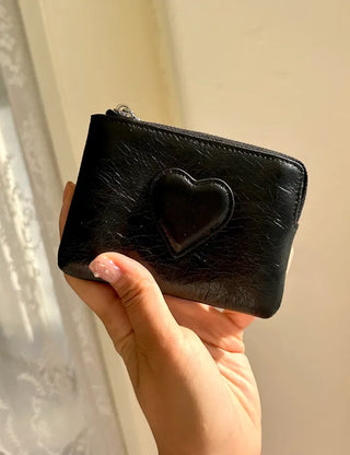 Cowhide Heart Keyring Card Wallet Silver Mini Pouch