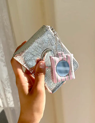 Cowhide Heart Keyring Card Wallet Silver Mini Pouch