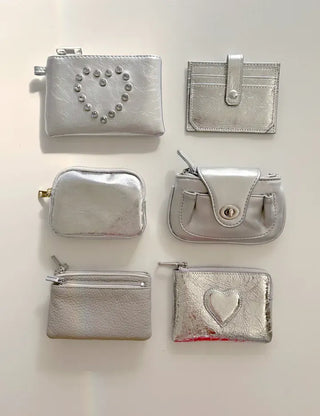 Cowhide Heart Keyring Card Wallet Silver Mini Pouch