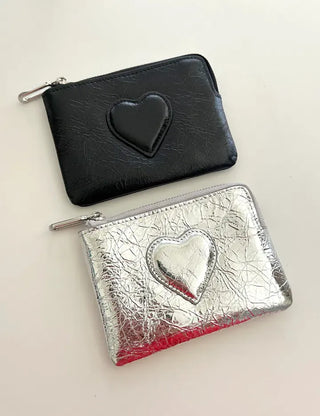 Cowhide Heart Keyring Card Wallet Silver Mini Pouch