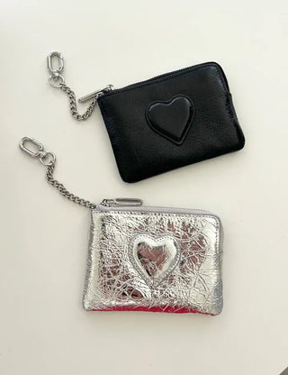 Cowhide Heart Keyring Card Wallet Silver Mini Pouch