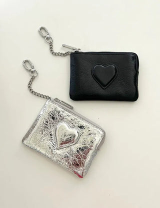 Cowhide Heart Keyring Card Wallet Silver Mini Pouch