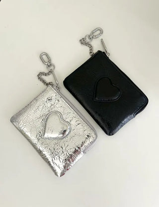 Cowhide Heart Keyring Card Wallet Silver Mini Pouch