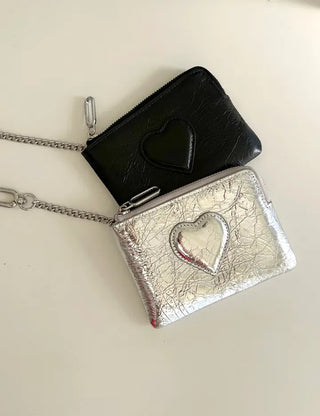 Cowhide Heart Keyring Card Wallet Silver Mini Pouch