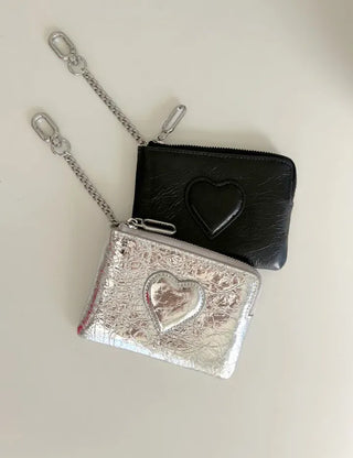 Cowhide Heart Keyring Card Wallet Silver Mini Pouch