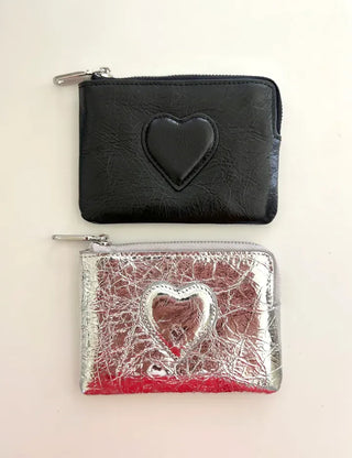 Cowhide Heart Keyring Card Wallet Silver Mini Pouch