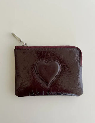 Cowhide Heart Keyring Card Wallet Silver Mini Pouch