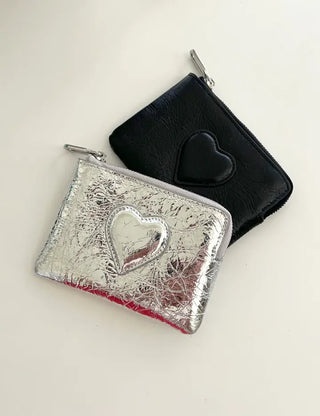 Cowhide Heart Keyring Card Wallet Silver Mini Pouch