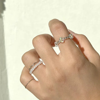 Luminous Heart Beaded Ring Set, Layered Thin Rings