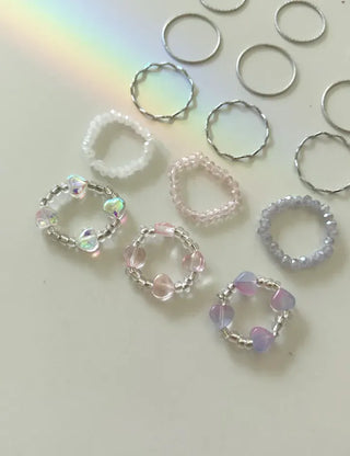 Luminous Heart Beaded Ring Set, Layered Thin Rings