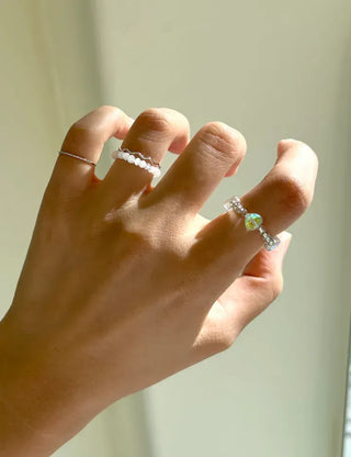 Luminous Heart Beaded Ring Set, Layered Thin Rings