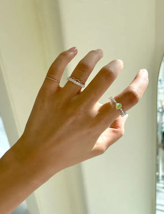 Luminous Heart Beaded Ring Set, Layered Thin Rings