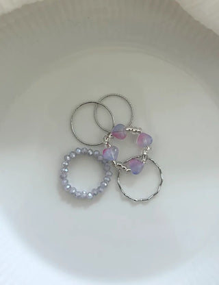 Luminous Heart Beaded Ring Set, Layered Thin Rings