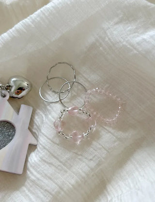Luminous Heart Beaded Ring Set, Layered Thin Rings
