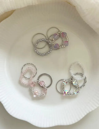 Luminous Heart Beaded Ring Set, Layered Thin Rings