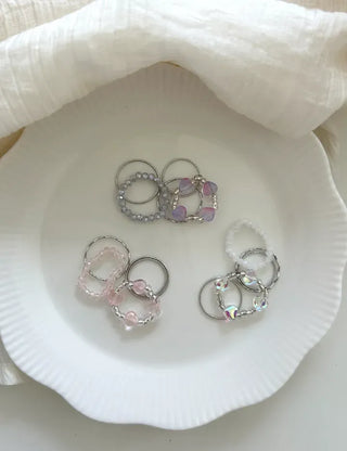 Luminous Heart Beaded Ring Set, Layered Thin Rings