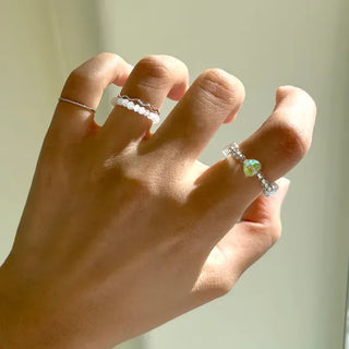 Luminous Heart Beaded Ring Set, Layered Thin Rings