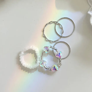 Luminous Heart Beaded Ring Set, Layered Thin Rings