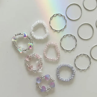 Luminous Heart Beaded Ring Set, Layered Thin Rings