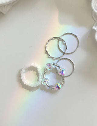 Luminous Heart Beaded Ring Set, Layered Thin Rings
