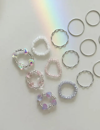 Luminous Heart Beaded Ring Set, Layered Thin Rings