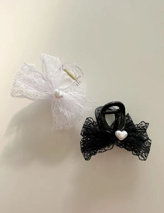 Pearl heart ribbon hair clip lace hair clip