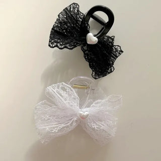 Pearl heart ribbon hair clip lace hair clip